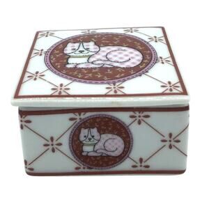 Collectible Cat Feline Porcelain Square Trinket Box P4032 Japan 2.5 Inches